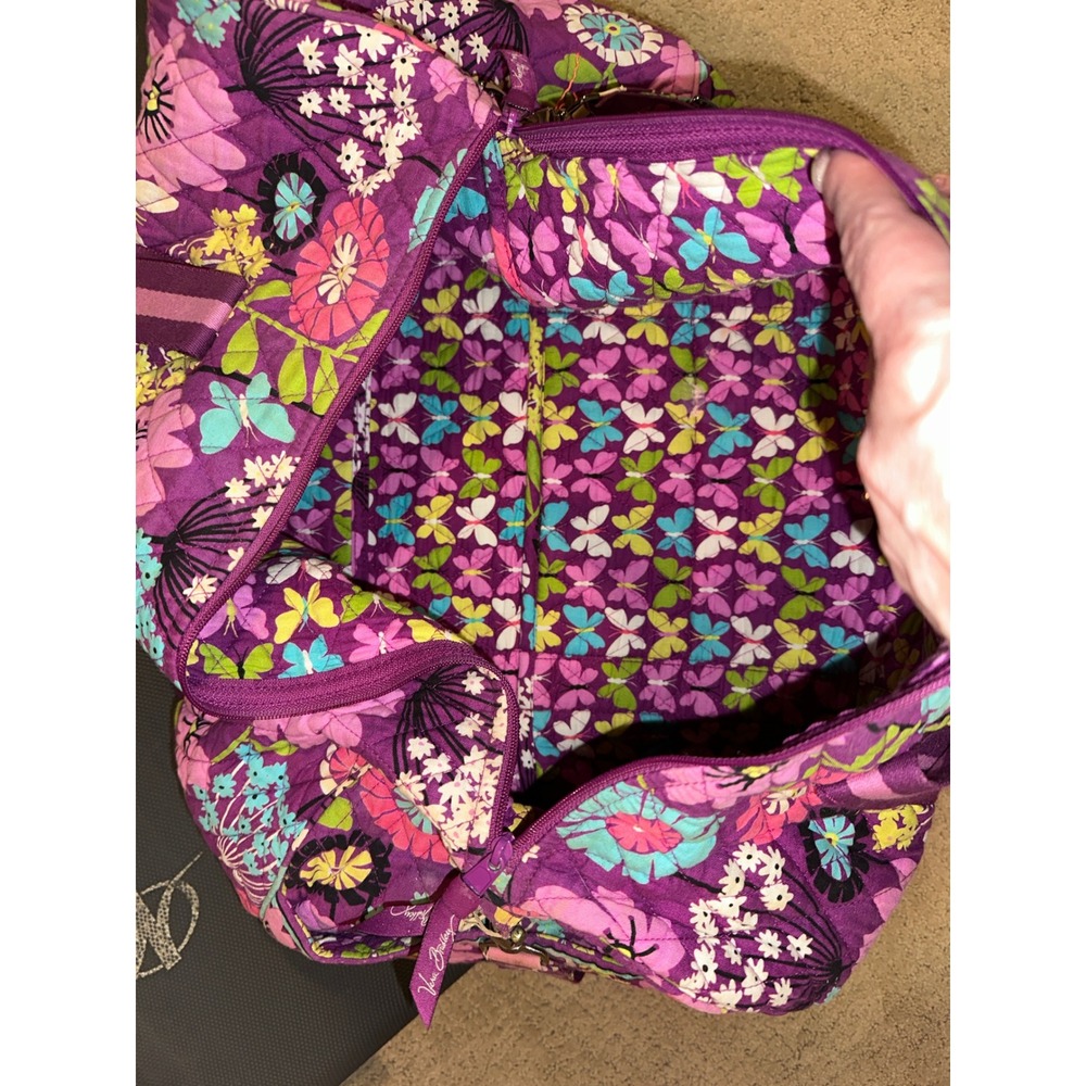 Vera Bradley Flutterby Floral Quilted Cotton 19" Duffel Travel Bag Purple Clean - Picture 4 of 10